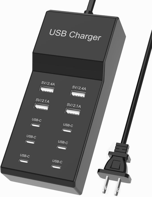 USB C Charger Block 10-Port USB-C Charging Station 6 USBC Ports & 4 USB-A Ports Total 50W USB Power Strip for Multi Devices for iPhone 16 17 15 14 13 12 Se, Galaxy, Pixel, Tablet, Camera, Headphones