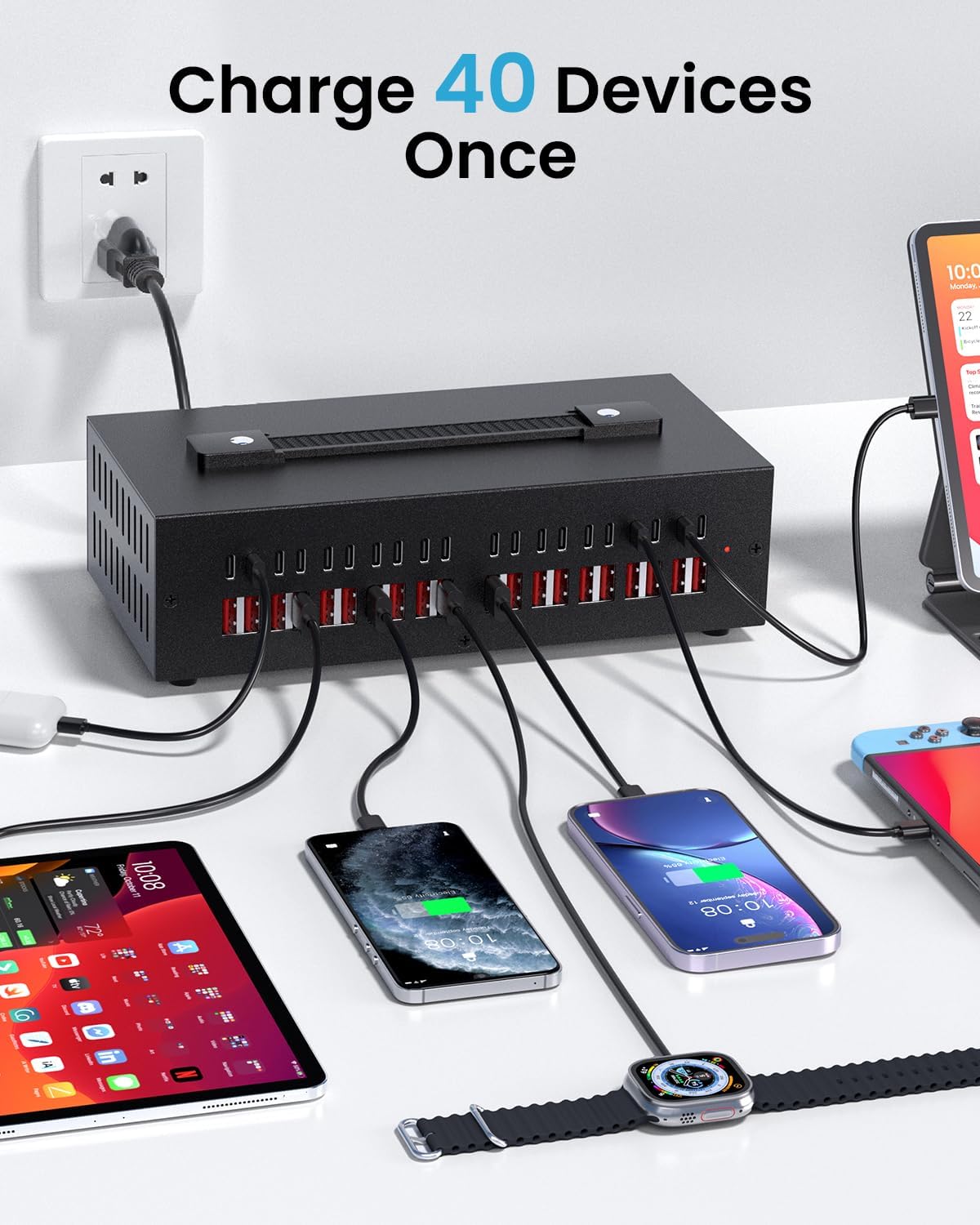 300W USB~c Charging Station, 40 Port (20 USB A & 20 USB~C Port) USB Charger Block, Fast Charging Station for Multiple Devices, Desktop Charger Compatible for iPhone, iPad, Tablets